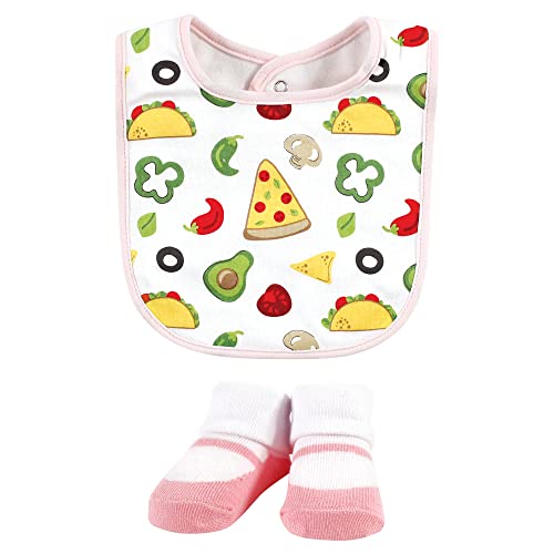 Image of Hudson Baby Unisex Baby Cotton Bib and Sock Set, Girl Pizza Taco, One Size