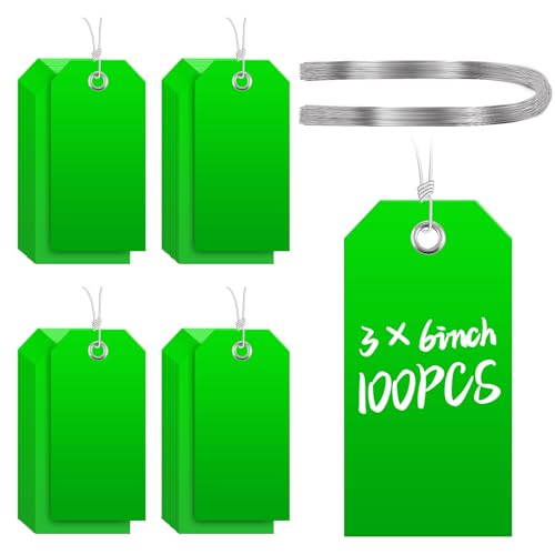 COIHAF 100 Pcs Large Plastic Shipping Tags with Wire Attached Heavy Duty Blank Waterproof Tags with String for Inventory Outdoor Labeling Equipment 6 1/4" x 3 1/8" (Green)