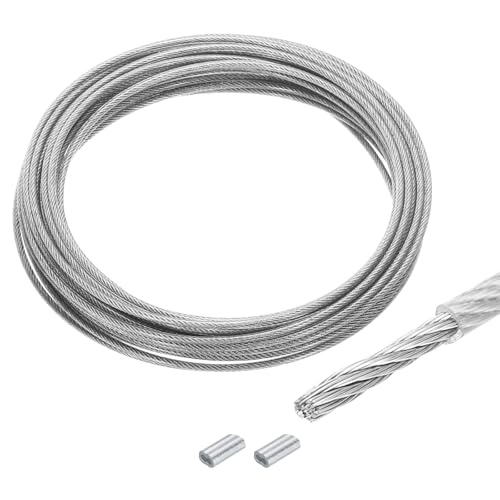 QUARKZMAN 33 Pies (10 M) Cable De Acero Inoxidable 304 5/32 (4 Mm) Recubierto De Vinilo Con 2 Piezas De Manguitos De Aluminio Para Colgar, Tendederos, Elevación Transparente