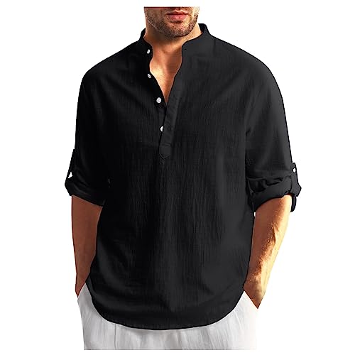 Jinsha Henley Shirt Herren Langarm - Waffelstrick Hemd Mit Stehkragen