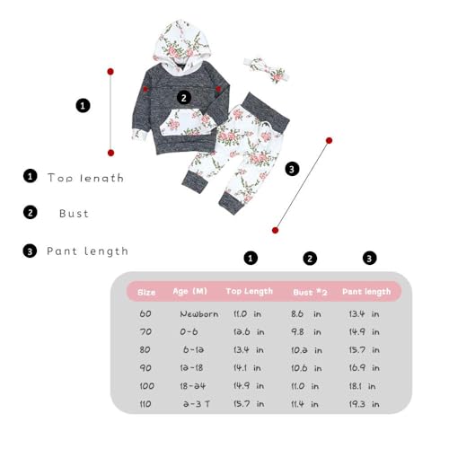 Image of Baby Girls Long Sleeve Flowers Hoodie Tops and Pants Outfit with Kangaroo Pocket Headband