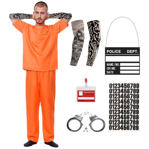 Apparlxer Häftling Kostüm Herren Orange Sträfling Kostüm 8Pcs Gefangener Outfits mit Oberteil Hose Ärmel Aufkleber Kartenhalter Handschellen Prisoner Outfit Verbrecher Cosplay für Karneval (M)