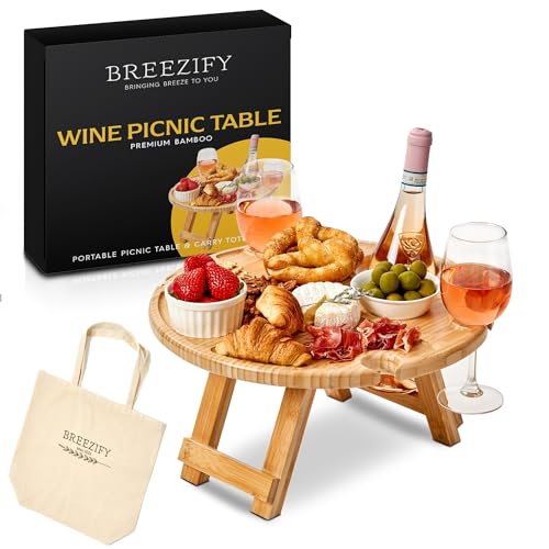 Breezify Bambus Wein Picknicktisch mit Tragetasche