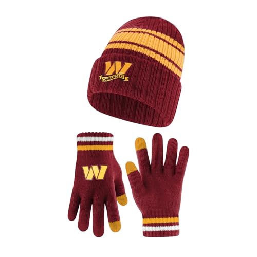 Ultra Game NFL Official Youth Super Soft Team Stripe Winter Beanie Knit Hat with Extra Warm Touch Screen Gloves, Washington Commanders, Team Color, 1SIZE