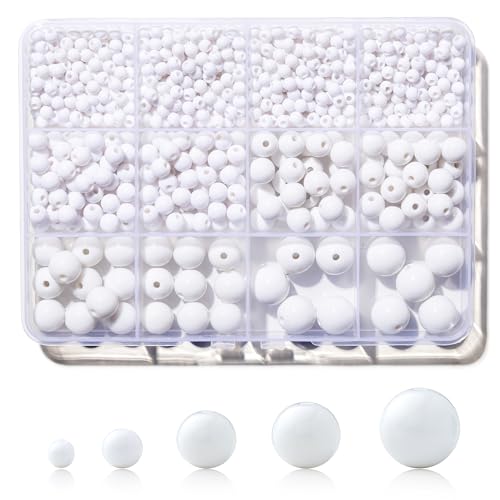 1200Pcs White Beads Acrylic Pony Beads 4/6/8/10/12mm Round White Bead for Bracelets Spacer Pearl Beades Craft Bead for Bracelet Necklace Jewelry Making