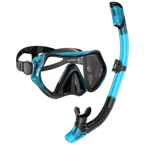 Equipo de snorkel para adultos, máscara de buceo con vidrio templado, snorkel con tapa seca, falda de silicona ajustable, tamaño mediano grande, antiempañante y a prueba de fugas, con bolsa de malla