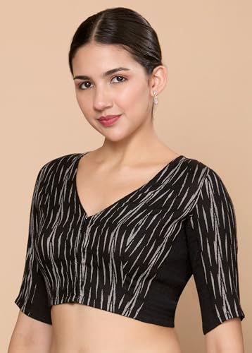 Image of Studio Shringaar Women's Cotton Half Sleeves Ikat Stretchable (Smocked) Readymade Saree Blouse