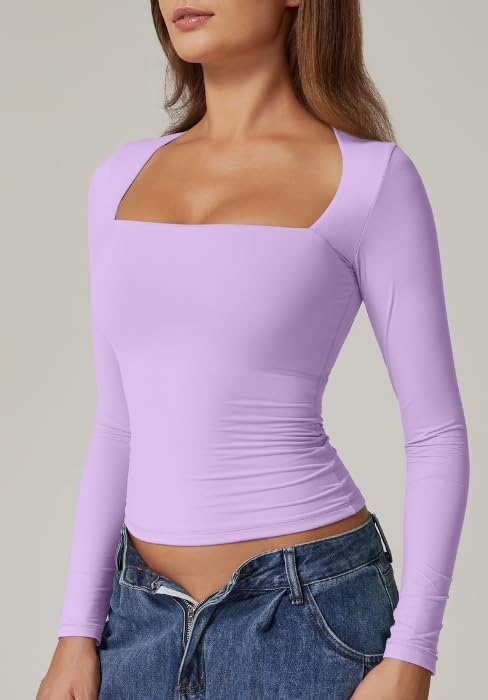 QINSEN Women's Sexy Square Neck Shirt Long Sleeve Double Lined Tees Fitted Going Out Tops - Image 3