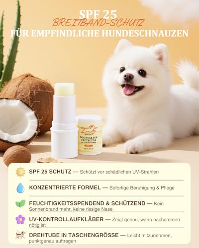 Hundenasen-Sonnenschutz Balsam mit SPF25 – Sheabutter & Kokosöl Formel – Schutz und Pflege bei trockenen/rissigen Nasen – Für alle Hunderassen geeignet