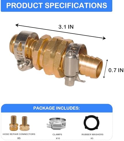 Hourleey Garden Hose Repair 1/2 Inch, Aluminum Mender Hose Connector Fitting with Clamp, Fit 1/2" Male & Female Hose Connector, 5 Sets - 2