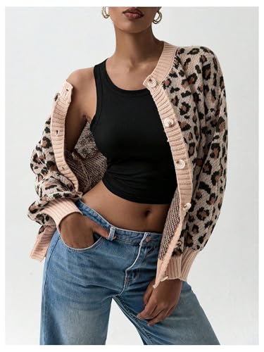 Image of BEAUDRM Women's Leopard Print Cardigan Button Front Cardigan Sweaters Crew Neck Drop Shoulder Long Sleeve Knit Tops Apricot Medium