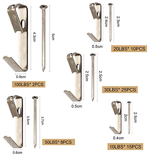Image of Silver 60 Set Picture Hangers Photo Frame Hanging Hooks Kit, Mixed 10lb 20lb 30lb 50lb 100lb Picture Hanger Hook with Nails for Hanging Artwork Picture