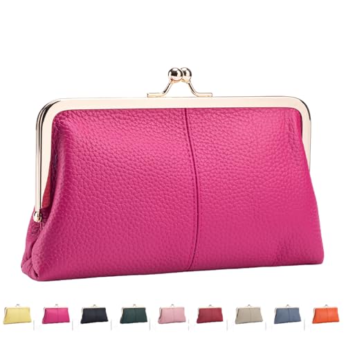 Vintage Kiss Lock Wallet for Women, Genuine Leather Multi-card Slots Card Holder, Coin Purse with Zipper Coin Pocket (Rose Red)