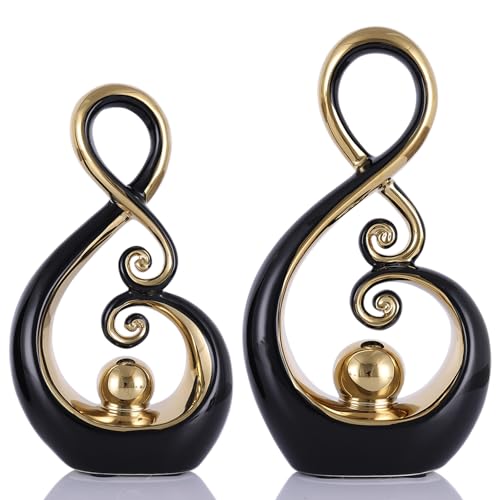2 PCS Black Gold Ceramic Sculptures For Home Decor Accents, Modern Abstract Art Sculptures, Unique Coffee Table Entryway Centerpieces, Tabletop Decorative Objects for Living Room, Office Dining Room