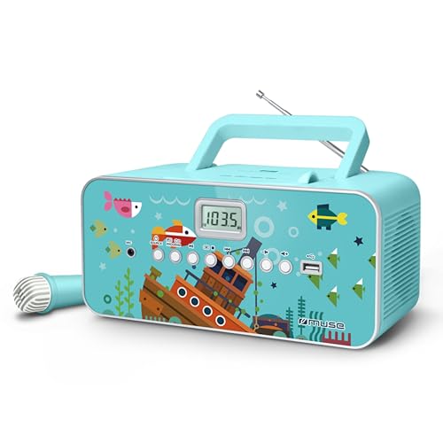 Muse M-29KB CD-Radio f&uuml;r Kinder mit Mikrofon und Sing-A-Long Karaoke Funktion (CD / MP3, USB, AUX-In, LCD-Display, Teleskopantenne), Blau mit Meeresmotiv