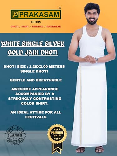 Image of PRAKASAM COTTON Mens Single White Dhoti with Jari Border Single Dhoti (1.28X2.00 mtrs)