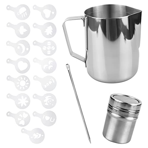 Jarra de leche de 600 ml, coctelera de polvo con tapa, molde de flor y latte Art Pen jarra de espuma de acero inoxidable, para hacer arte con leche de chocolate caliente, capuchino café latte (600 ml)