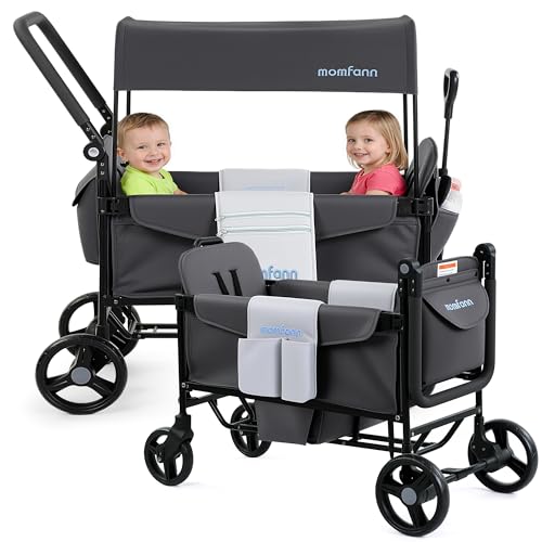 MOMFANN Wagon Stroller for 2 Kids, All-Terrain Foldable Push & Pull Wagon with 5-Point Safety Harness, Removable & Adjustable UPF Canopy, Footwell & Large Storage Bag - Light Gray