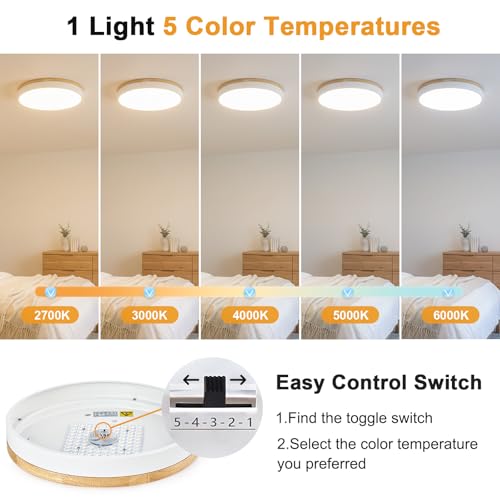 Image of Dimmable LED Wood White Round Flush Mount Ceiling Light 15.74 Inch
