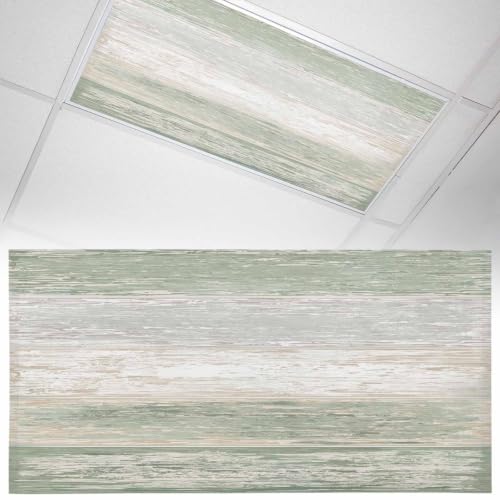 Fluorescent Light Covers for Ceiling Lights Sage Green Wood Grain Magnetic Light Filters 1 Pack 4x2 ft Rustic Wooden Plank Ceiling Lights Cover for Classroom Office School Home Drop Lamp Decor