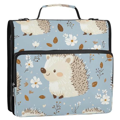 Boccsty Cartoon Hedgehog Florals Zipper Binder 3 Ring Binders Expanding File Folder Multi-Pocket Zipper Binder Organizer for School Shoulder Strap and Handle