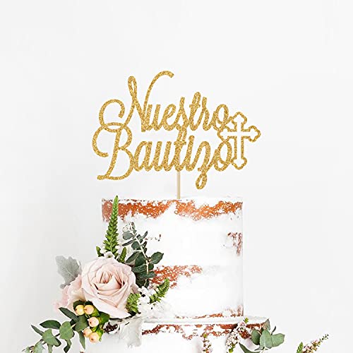 Gold Glitter Nuestro Bautizo Cake Topper - First Holy Communion, God Bless, Spanish My Baptism, Baby Shower Party Decoration Supplies #TOP3