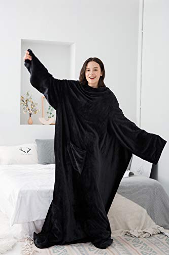Winthome Long Fleece Blanket with Sleeves & Foot Pockets, Wearable Blanket Adult Cozy