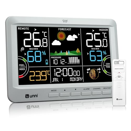 U UNNI Funk Wetterstation mit Außensensor Netzbetrieb und Batteriebetrieb Funkwetterstation mit 3 Helligkeitsstufen und 100M Reichweite Einstellbare C/F