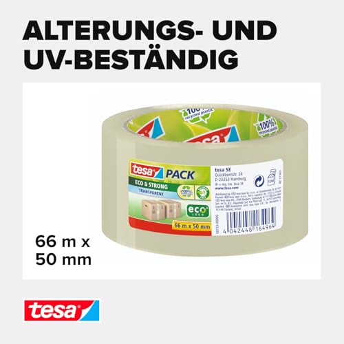 tesapack Eco & Strong - Umweltschonendes Paketband aus 100% recyceltem Kunststoff, UV- und alterungsbeständig - Transparent - 66 m x 50 mm