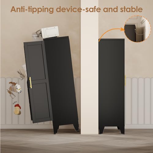 Image of PAOFIN 47 inch Kitchen Pantry Cabinet, Metal Storage Cabinet with 3 Adjustable Layer Shelves, 8 Door Shelves, Buffet Sideboard for Living Room, Kitchen, Black