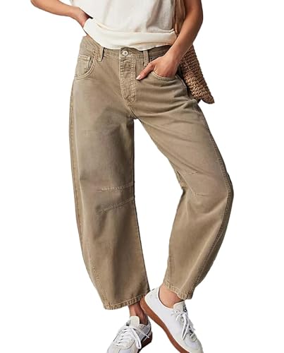 Womens Barrel Jeans Wide Leg Baggy Denim Pants with Pockets Plus Size Vintage Western Boyfriend Cropped Cargo Pants