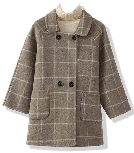 Image of Girls Plaid Double Breasted Peacoat Kids Long Sleeve Lapel Wool Dress Coat with Pockets, 2# Brown, 9-10 Years = Tag 150