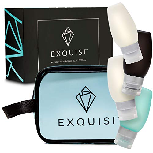 EXQUISI Premium Silicone Travel Bottles Set & Clear TSA Toiletry Bag For Man & Woman?4 Pack 3oz Leak Proof Containers ? TSA Approved 311 Carry-On Luggage Compliant ? Superior Quart Size Cosmetic Bag
