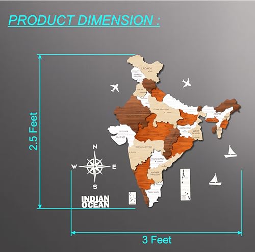Image of AD INFINITUM 3D Wooden Map of India | Home Decor | Office Decor | A great gift for travelers | Wall decor State and Capital names with Borders (Multicolor Multilayer, 4x3 Feet, INDIA MAP)