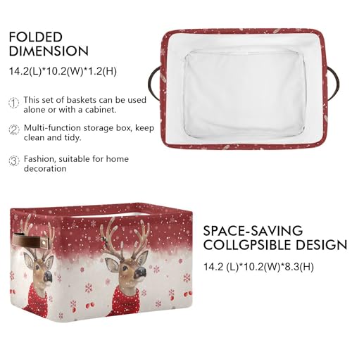 Image of Wamika Christmas Reindeer Storage Basket with Waterproof Liner and PU Handles Winter Snowflake Red Storage Bins Boxes 14.2 inch Collapsible Decorative Organizer Baskets for Bedroom Closet Office 1 Pack