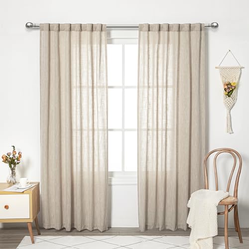 MYSKY HOME Cotton Curtains for Living Room Farmhouse Semi Sheer Light Filtering for Windows, Linen Look Texture Soft Modern Decor Country Style, 50" x 84", Light Oatmeal, 2 Panels