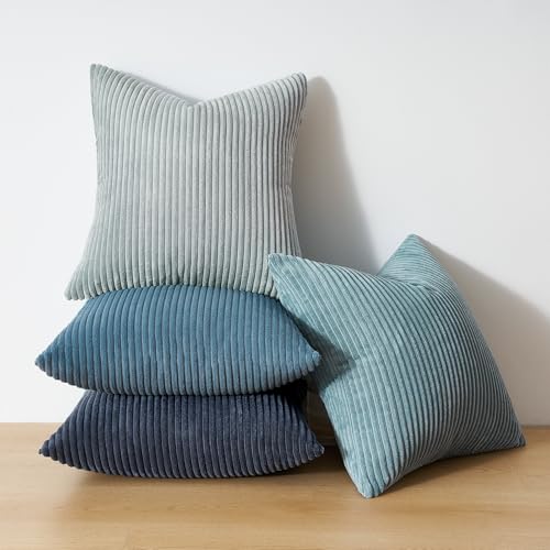 Image of Topfinel BlueGray Decorative Throw Pillow Covers 16x16 Inch Set of 4,Soft Accent Corduroy Striped Gradient Color Small Cushion Cover for Beach,Patio,Balcony,Couch Living Room,Summer Home Decor