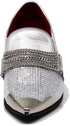Image of Enzo Romeo Crisino Men Rhinestone Chrome Toe Suede Pointy Buckle Dress Loafer Slip On Shoes