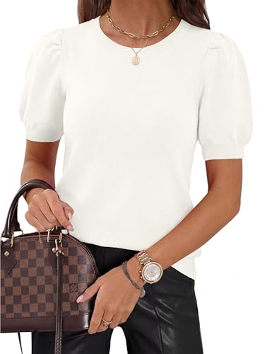 Image of PRETTYGARDEN Womens Sweaters Spring 2026 Summer Puff Short Sleeve Sweater Trendy Cute Knit Work Blouses Business Casual Tops
