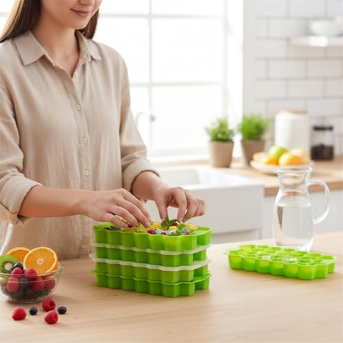 Image of Silicone Ice Cube Trays with Lids Pack Easy-Release Hexagon Ice Maker for Freezer, Reusable Food-Grade Ice Molds for Cocktail Bar, Whiskey, Iced Coffee & Home Kitchen (Green) (3)