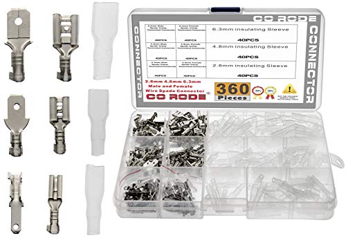 360Pcs Quick Splice 6.3/4.8/2.8mm Male Female Wire Spade Connector, Crimp Terminal with Insulating