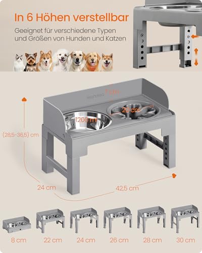 Feandrea Hundenapf erhöht, Futternapf mit Gestell, Fressnäpfe, höhenverstellbar und neigbar, Futterstation, 2 Näpfe aus Edelstahl 304, 1 Napf für EIN langsames Fressen, Taubengrau PRB103GD01