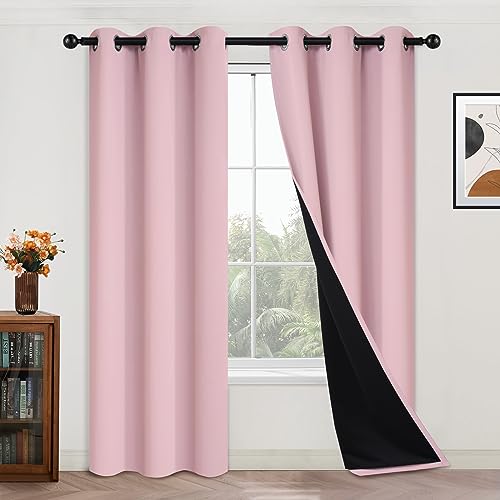 Image of Yakamok Pink 100% Blackout Curtains 84 Inches Long for Bedroom 42 inch Wide | Blackout Curtain Panels for Bedroom, 2 Thick Layers Grommet Top Thermal Insulated Drapes with Black Liner for Living Room