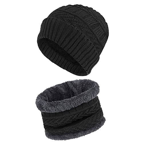 SOLO ACTFIT Cappello Sciarpa Invernali Berretto in Maglia con Sciarpa Beanie Collo della Ciarpa Fodera in Pile Cappelli da Bici Sci all'aperto per Uomo Donna (Nero)