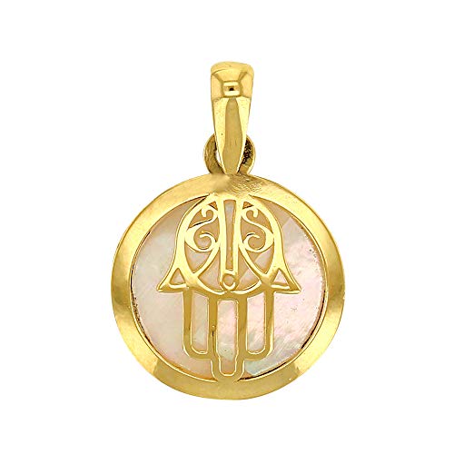 Médaille ronde en Or 750 nacre et main de Fatma : pendentif femme or 18k