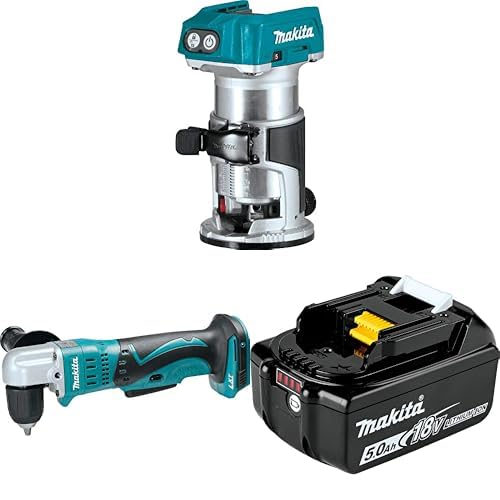 Makita 18V LXT Bundle: Brushless Cordless Compact Router XTR01Z, 3/8" Angle Drill XAD02Z, and 5.0Ah Lithium-Ion Battery BL1850B