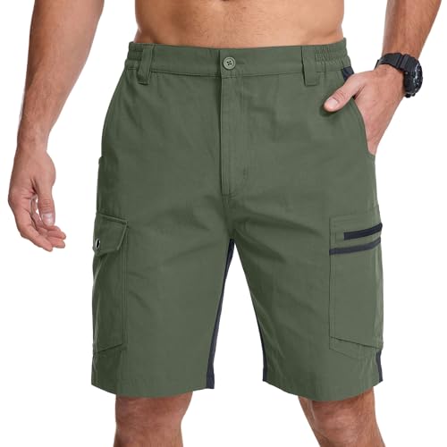 Jessie Kidden Mens Fishing Hiking Cargo Shorts with Zipper Pockets, Stretch Casual Water Resistant Quick Dry Shorts for Men (6221 Green-Black 32)