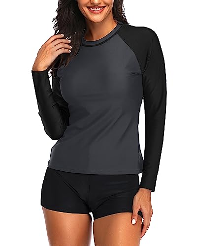 Image of Daci Women Two Piece Rash Guard Long Sleeve Swimsuits UV UPF 50+ Swim Shirt Bathing Suit with Boyshort Bottom