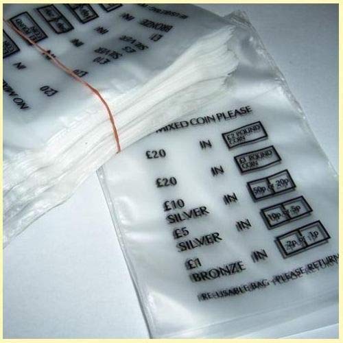 Coin Denominated Bags for Pounds Sterling, 93 x 102 cm, 30% Recycled Plastic, Strong LDPE Material, Captive Flap Closures, Recyclable (250)