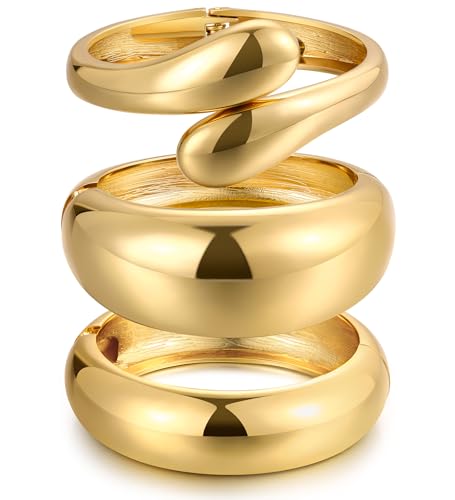 Image of Chunky Gold Bangle Bracelets for Women, Dainty 14k Gold Plated Big Stackable Bangles Set, Trendy Statement Cuff Bracelet Stack Fashion Jewelry Gifts